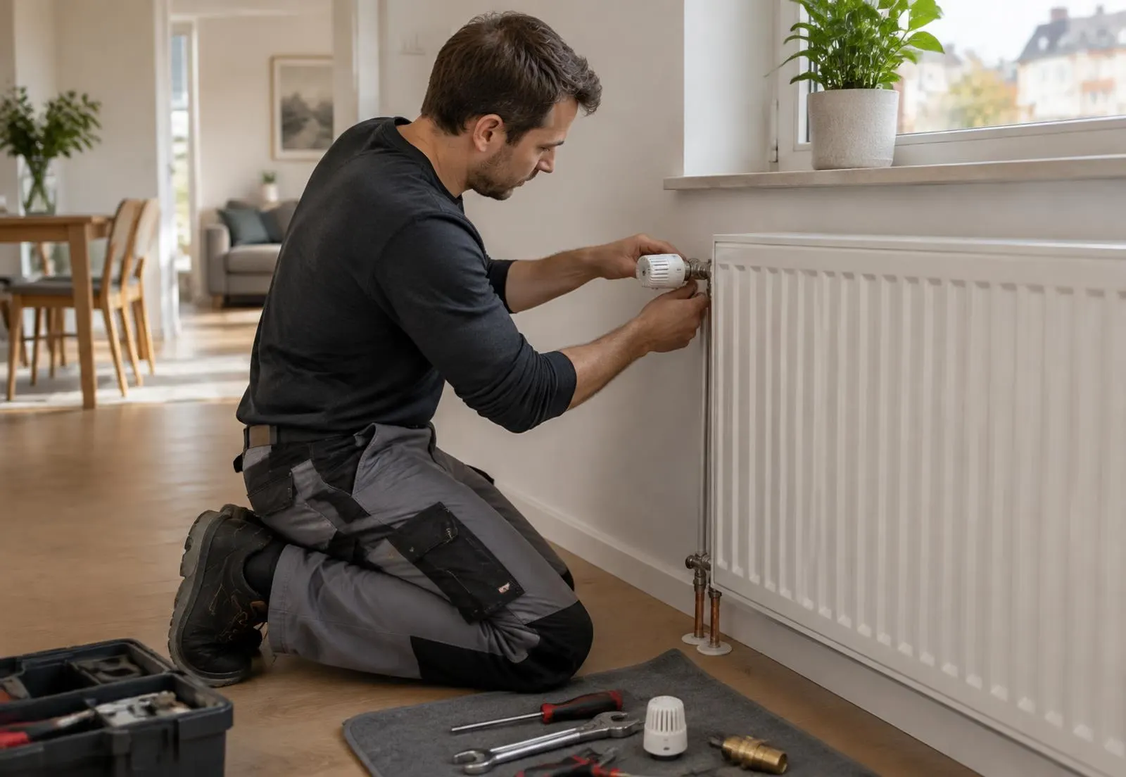 Handwerker montiert ein Thermostatventil an einem Heizkörper in einer Wohnung