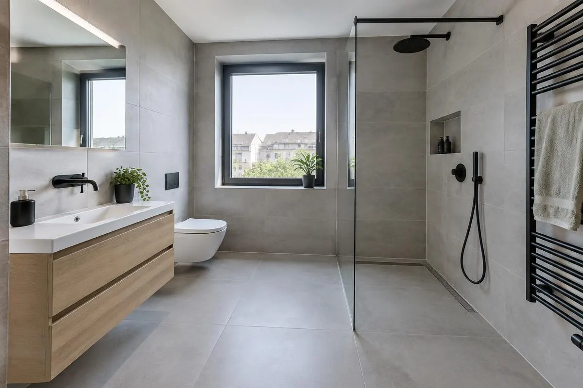Fertig saniertes Badezimmer mit bodengleicher Dusche und großformatigen Fliesen